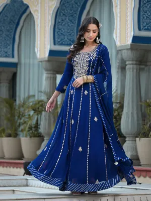 Blue Gota Patii Work Georgette Long Kurta With Shantoon Lining With Dupatta