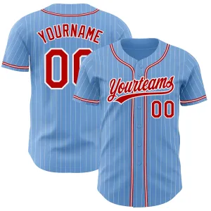 Custom Light Blue White Pinstripe Red Authentic Baseball Jersey