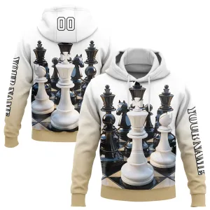 Custom Stitched White Vegas Gold-Black 3D Chess International Chess Day Sports Pullover Sweatshirt Hoodie