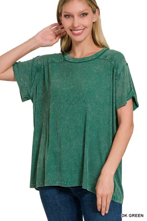 Dark Green Washed Ribbed Short Sleeve Top