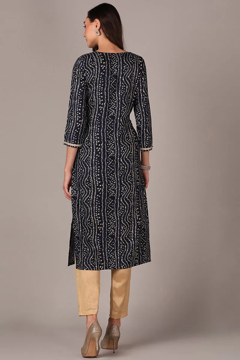 Navy Blue Viscose Rayon Bandhani Embroidered Straight Kurta