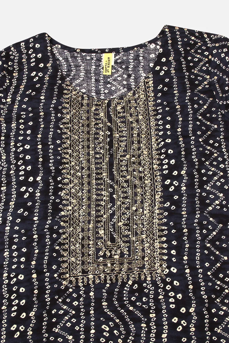 Navy Blue Viscose Rayon Bandhani Embroidered Straight Kurta