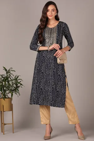 Navy Blue Viscose Rayon Bandhani Embroidered Straight Kurta