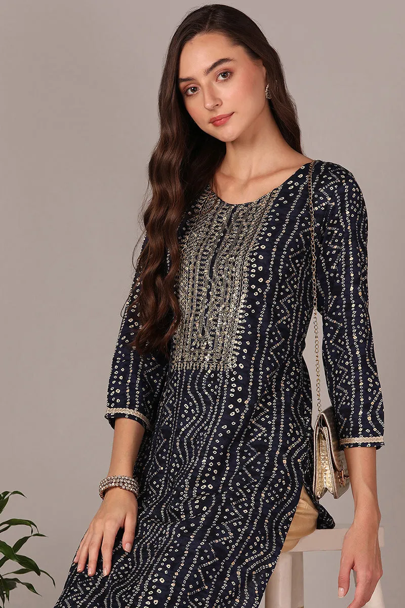 Navy Blue Viscose Rayon Bandhani Embroidered Straight Kurta