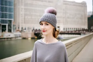 Ribbed Grey Cashmere Hat with Lilac Pom-Pom