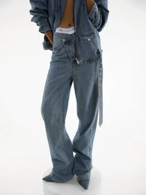 WASHED WRAP BUTTON FLY DENIM JEANS